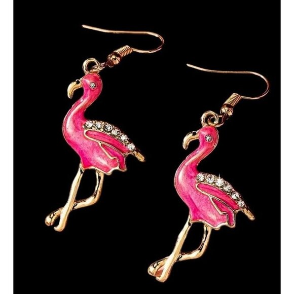 New Flamingo Earrings Pink Rhinestones Dangle Hooks Beach Cruise Florida… - Picture 1 of 12